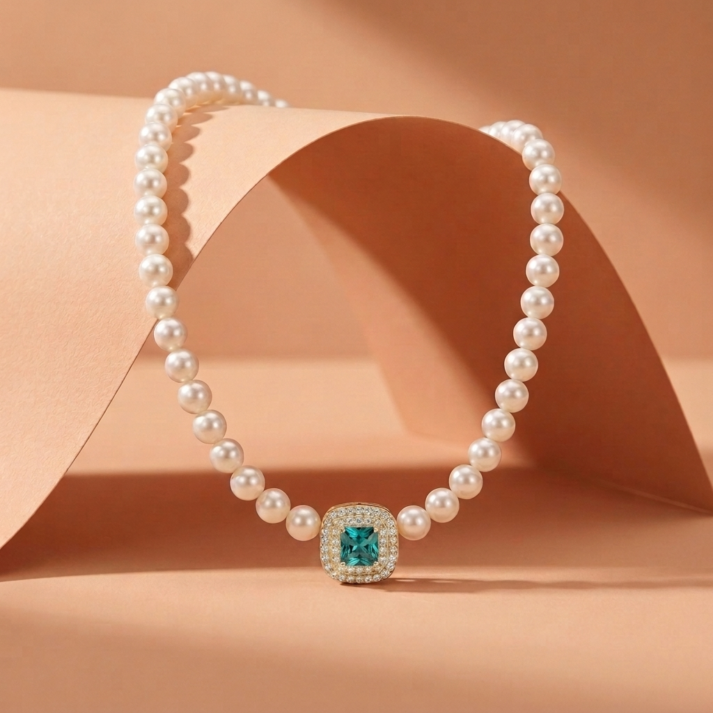 925 Silver Pearl Necklace with Sky Blue Stone
