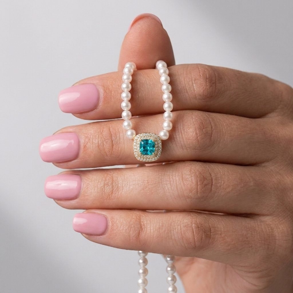 925 Silver Pearl Necklace with Sky Blue Stone