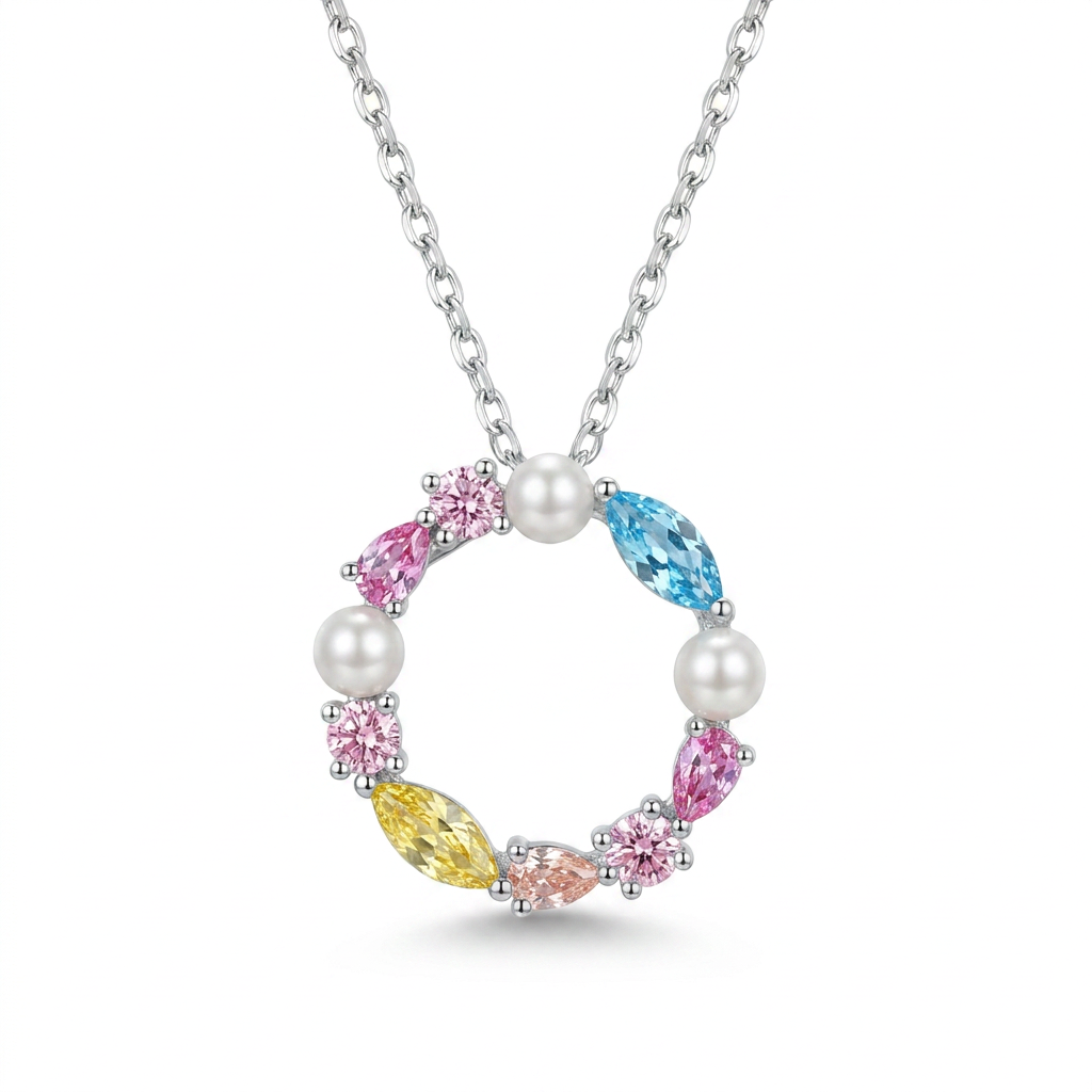 Circular Necklace Adorned With Colorful Stones And Pearls 925 Silver