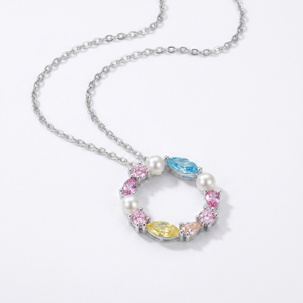 Circular Necklace Adorned With Colorful Stones And Pearls 925 Silver