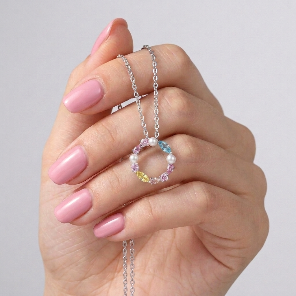 Circular Necklace Adorned With Colorful Stones And Pearls 925 Silver