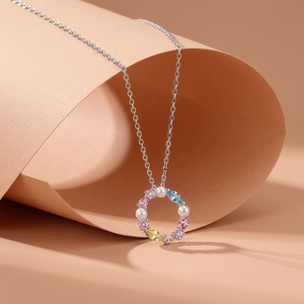 Circular Necklace Adorned With Colorful Stones And Pearls 925 Silver