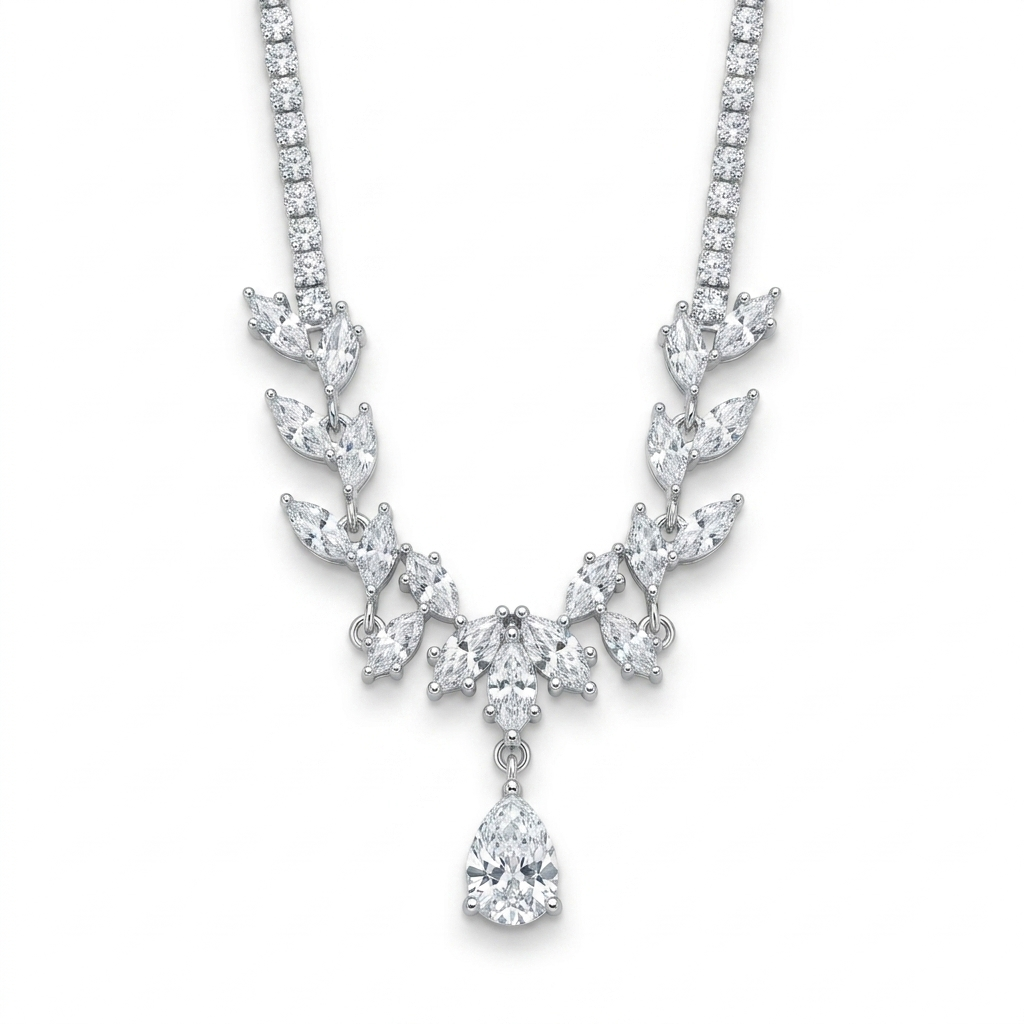 925 Silver Dangle Flower Necklace with Shiny Leaves