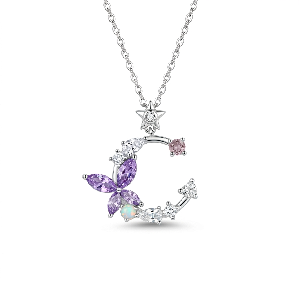 925 Silver Moon & Purple Butterfly Necklace
