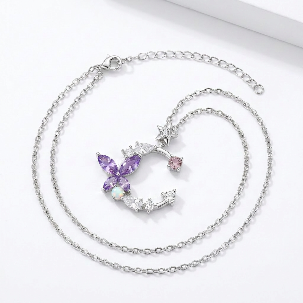 925 Silver Moon & Purple Butterfly Necklace