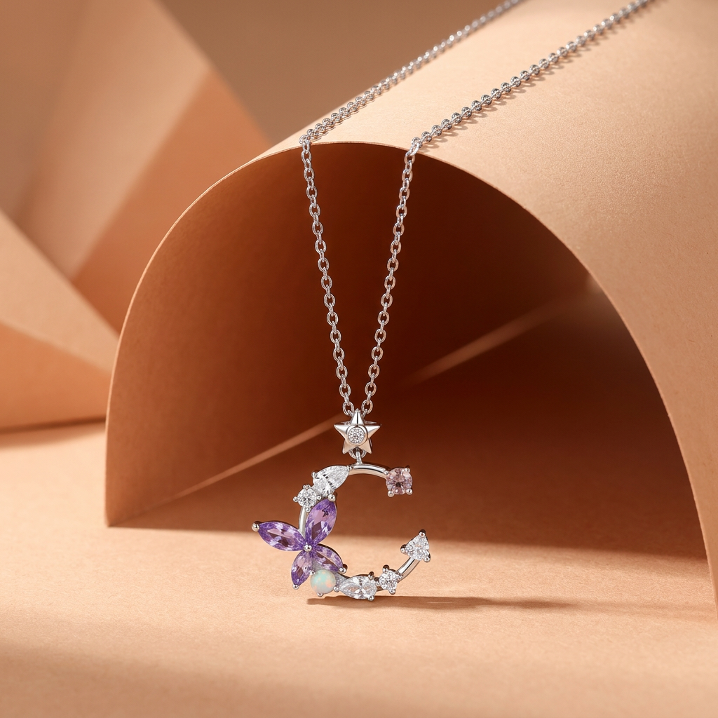 925 Silver Moon & Purple Butterfly Necklace