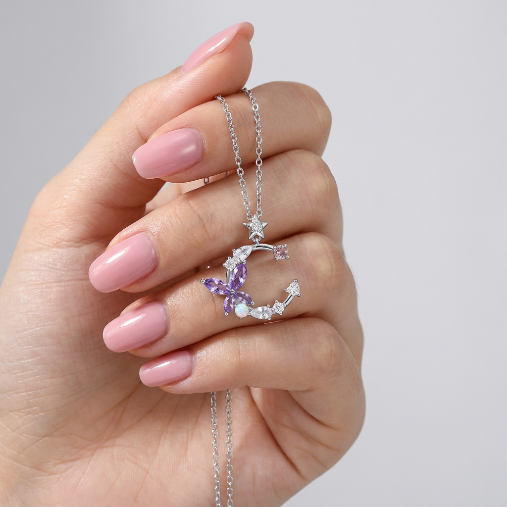 925 Silver Moon & Purple Butterfly Necklace