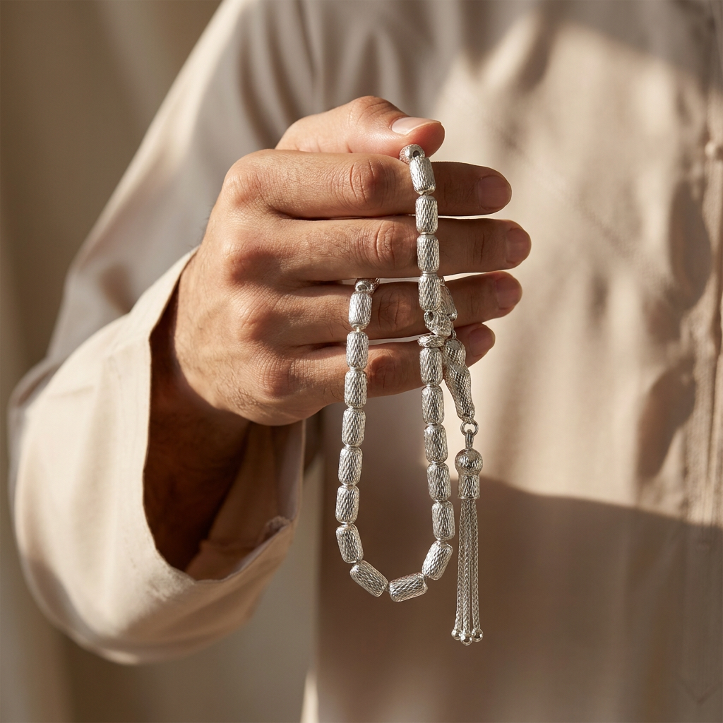 925 Silver Men's 33 Short Cylindrical Prayer Beads