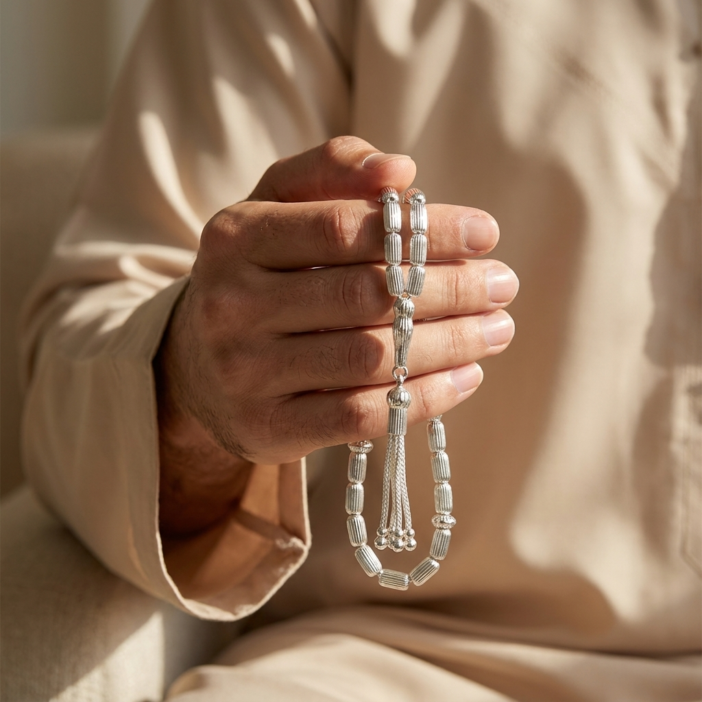سبحة فضة رجالي عيار 925 - 33 حبة أسطوانية مضلعة