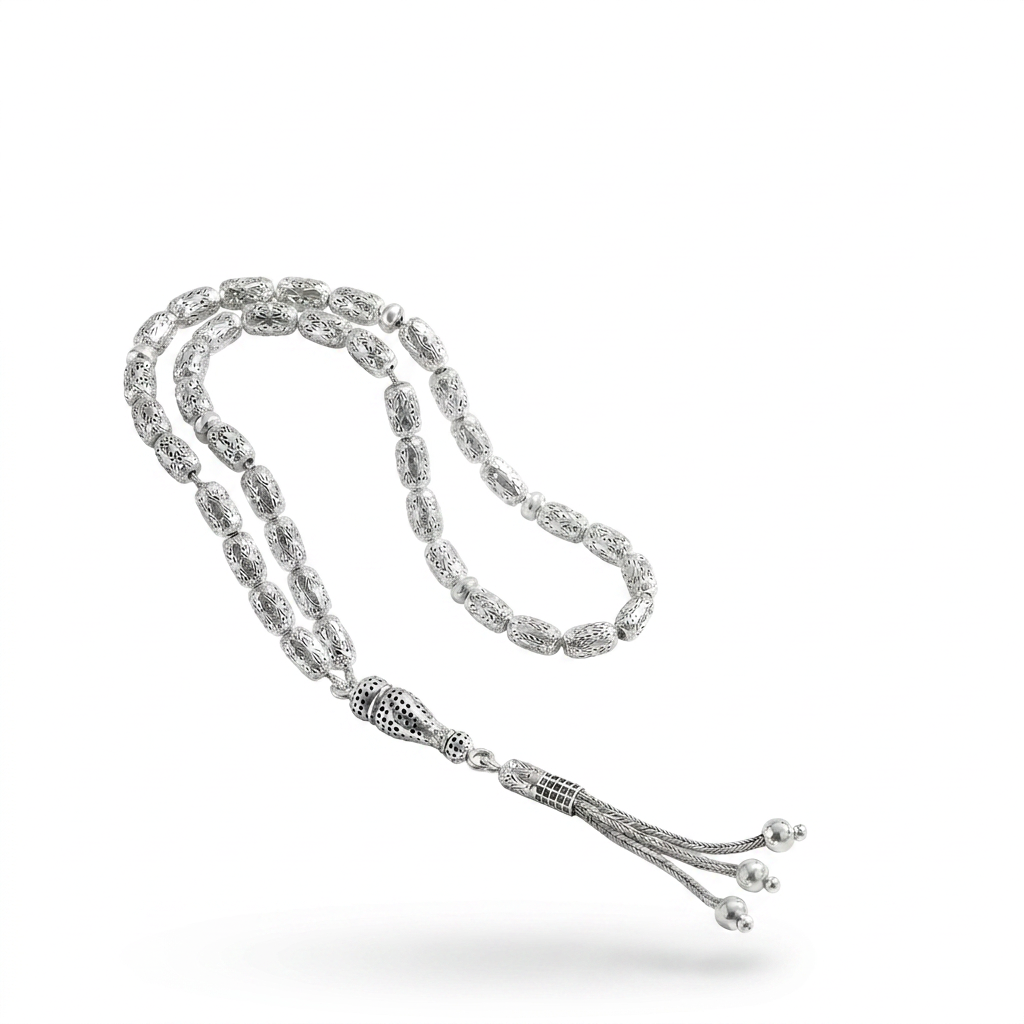 925 Silver Men's 33 Engraved Oval Cylinder Prayer Beads