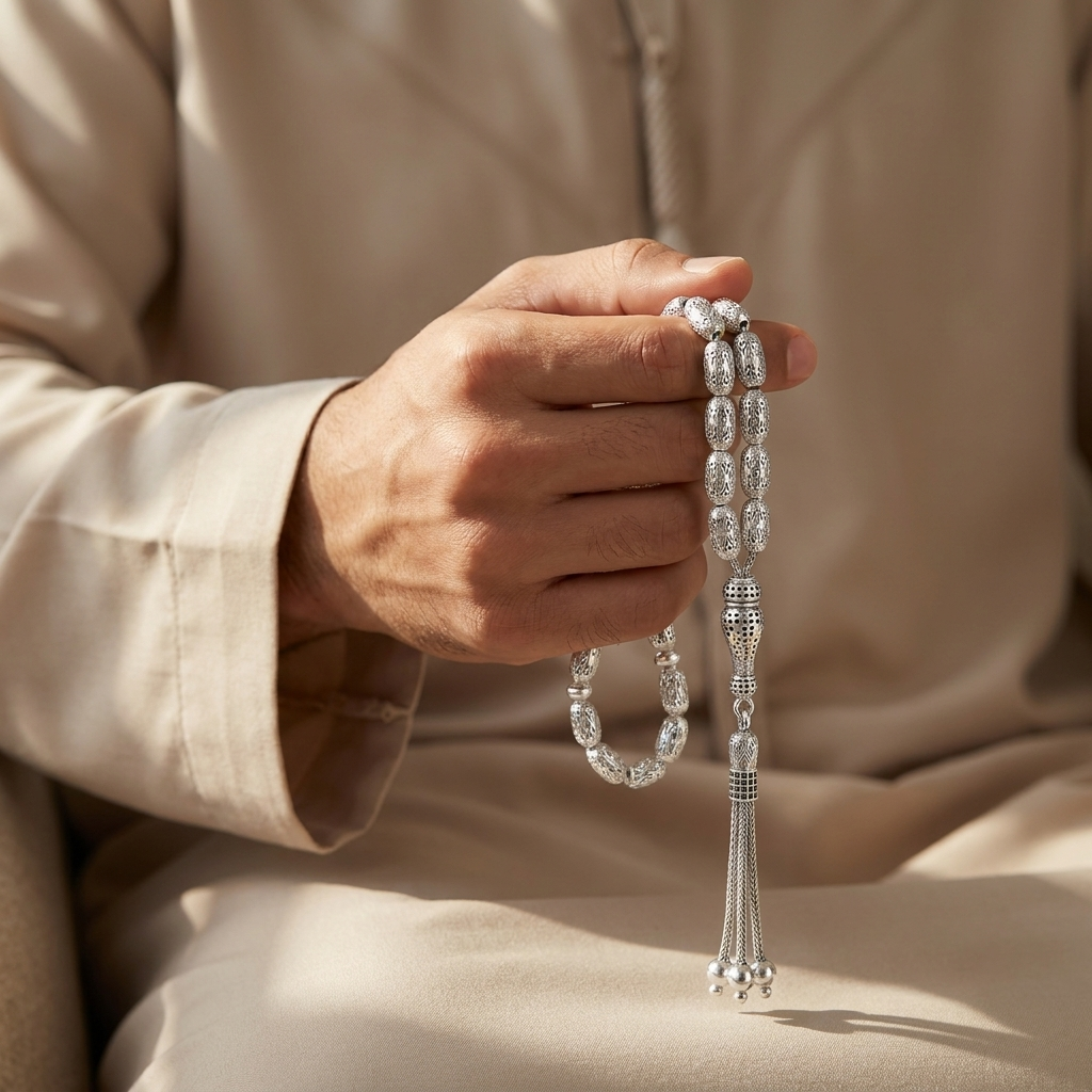 925 Silver Men's 33 Engraved Oval Cylinder Prayer Beads