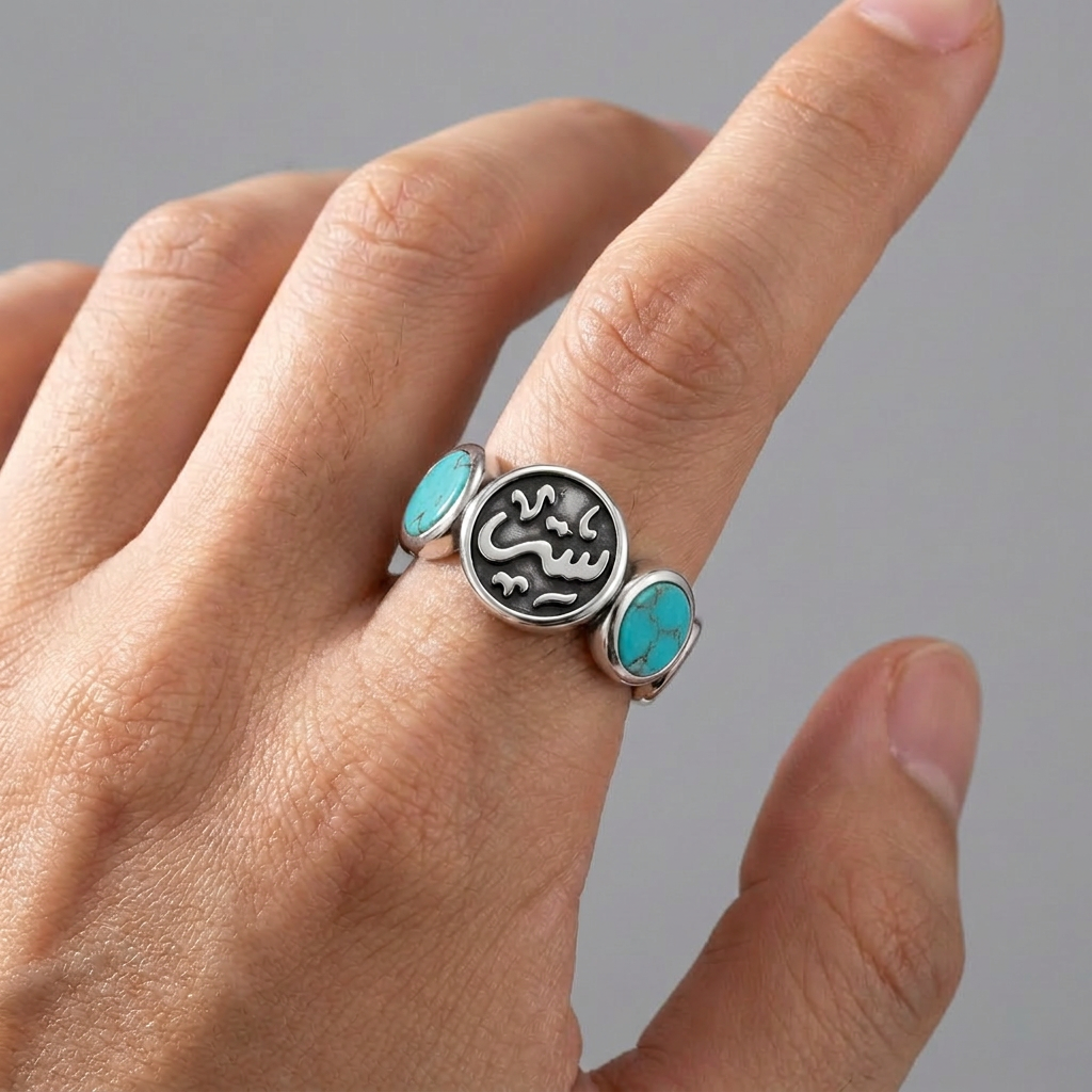 خاتم فضة حريمي عيار 925 بحجر الفيروز (ستر)