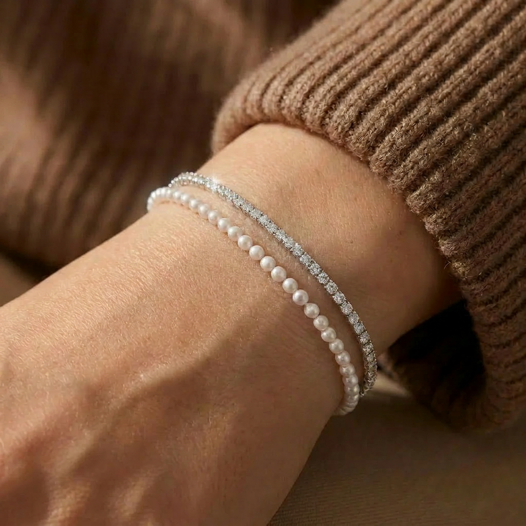 925 Silver Tennis Bracelet with Pearl Beads