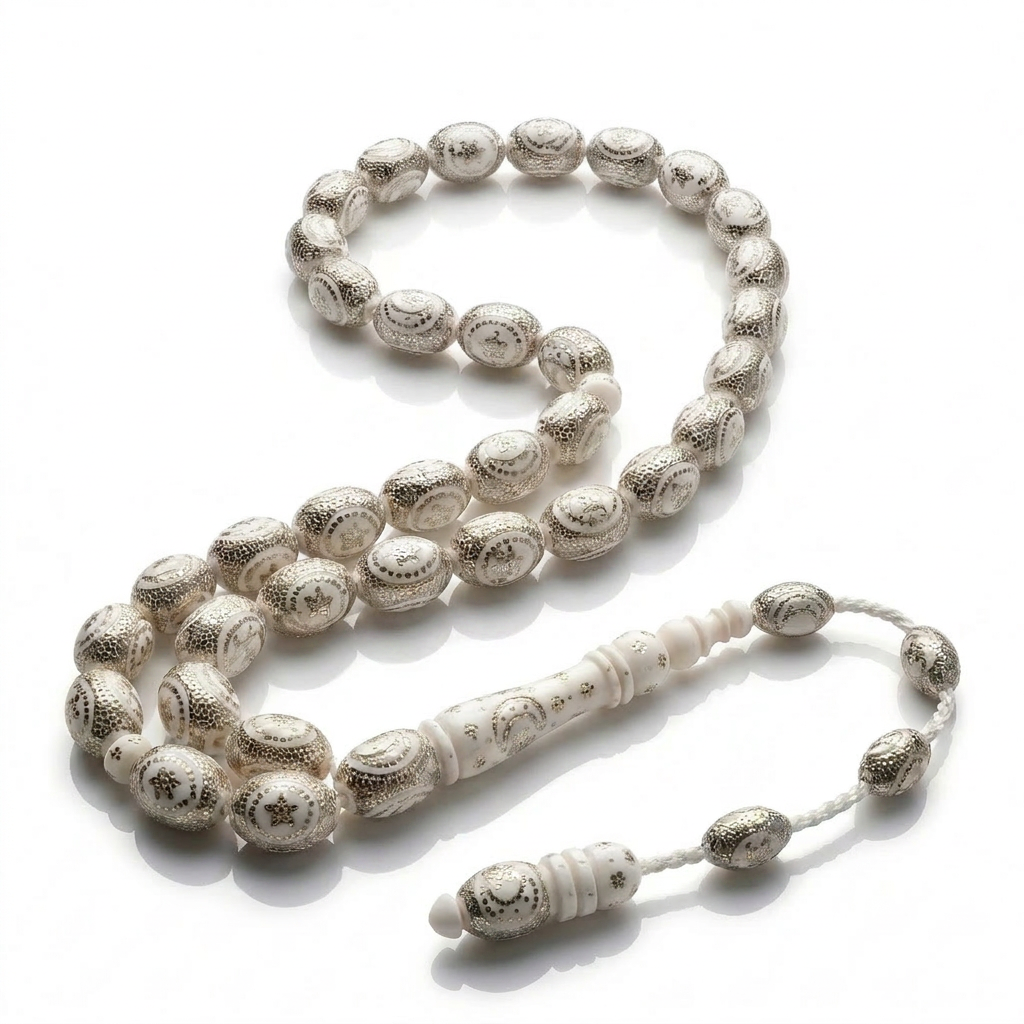 Royal Crescent & Star Natural Ivory Prayer Beads with 999 Silver – TROS03-60I