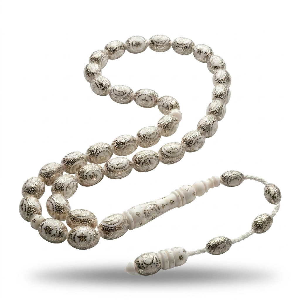 Royal Crescent & Star Natural Ivory Prayer Beads with 999 Silver – TROS03-60I