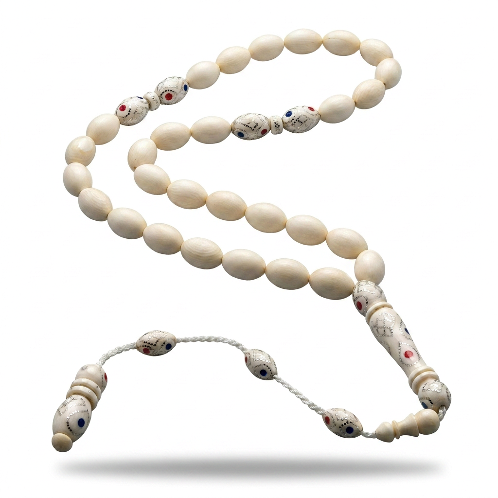 Lux Natural Ivory (Elephant Tusk) Prayer Beads with 999 Silver Set, Coral & Lapis – Code TROS02-48I