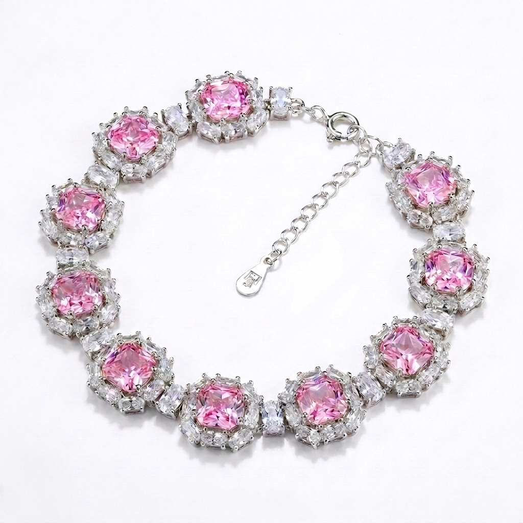 925 Silver Bracelet with Elegant Design and Sparkling Pink Zircon Stones