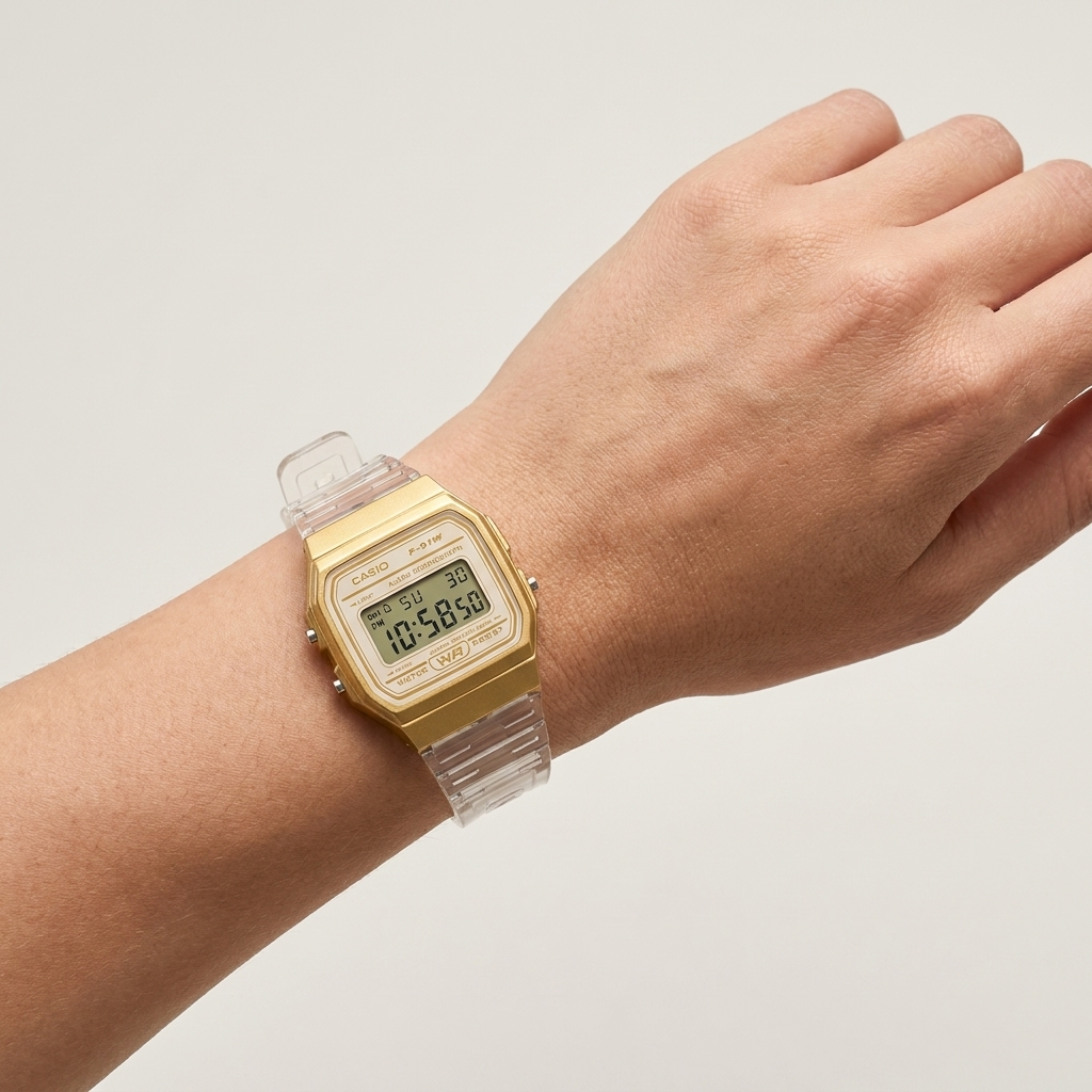 Casio F-91WS-7A2DF Unisex Digital Watch - Gold Case, Clear Transparent Resin Strap