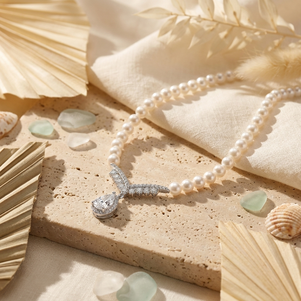 Pearl Necklace with Stone-Set Wing and Drop Pendant