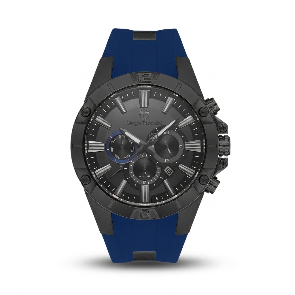 Sergio Tacchini Men's Chronograph Watch – Black Dial & Blue Silicone Strap