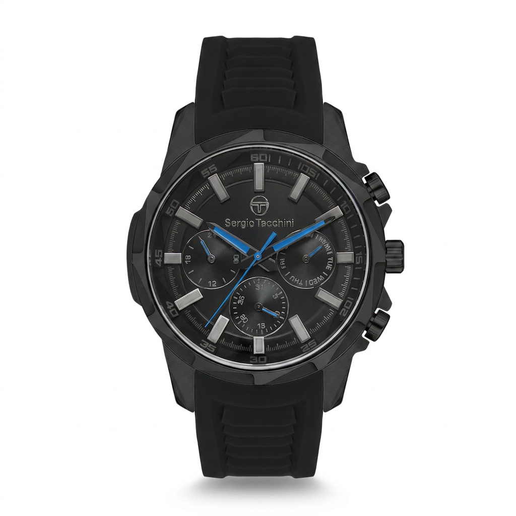 Sergio Tacchini Men's Chronograph Watch – Black Dial & Black Silicone Strap
