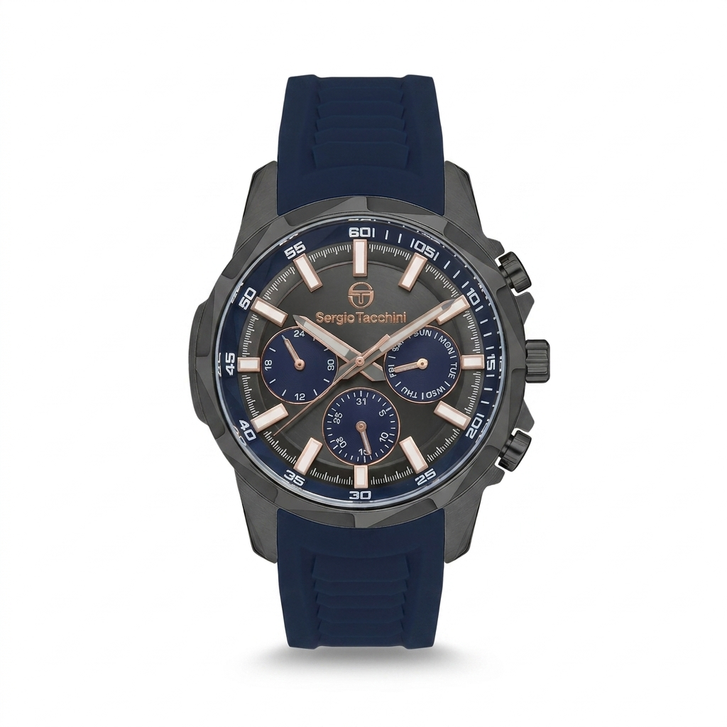 Sergio Tacchini Men's Chronograph Watch – Black Dial & Blue Silicone Strap