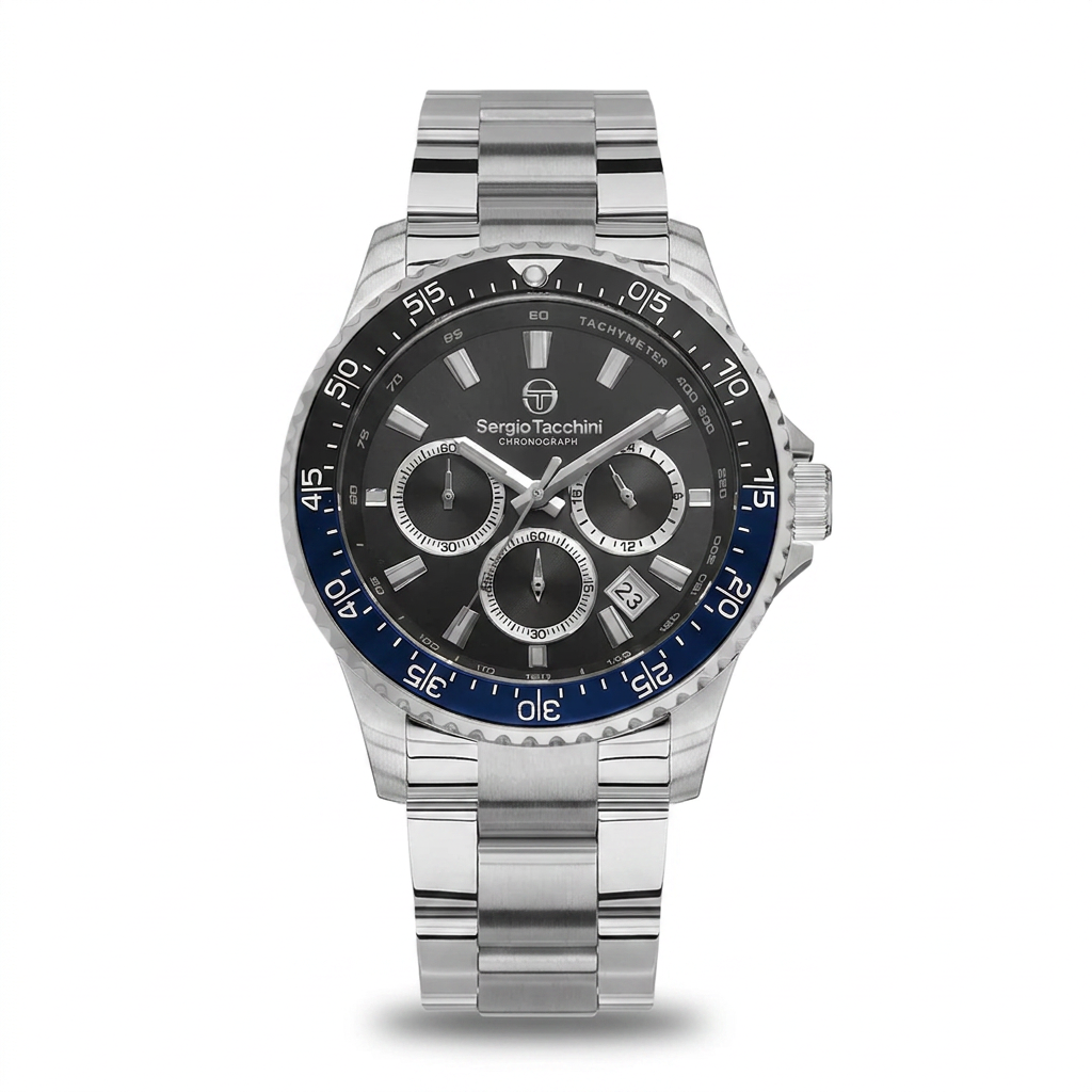 Sergio Tacchini Men's Chronograph Watch – Black Dial & Silver Stainless Steel Bracelet