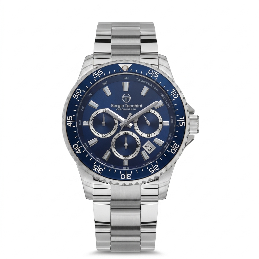 Sergio Tacchini Men's Chronograph Watch – Blue Dial & Silver Stainless Steel Bracelet