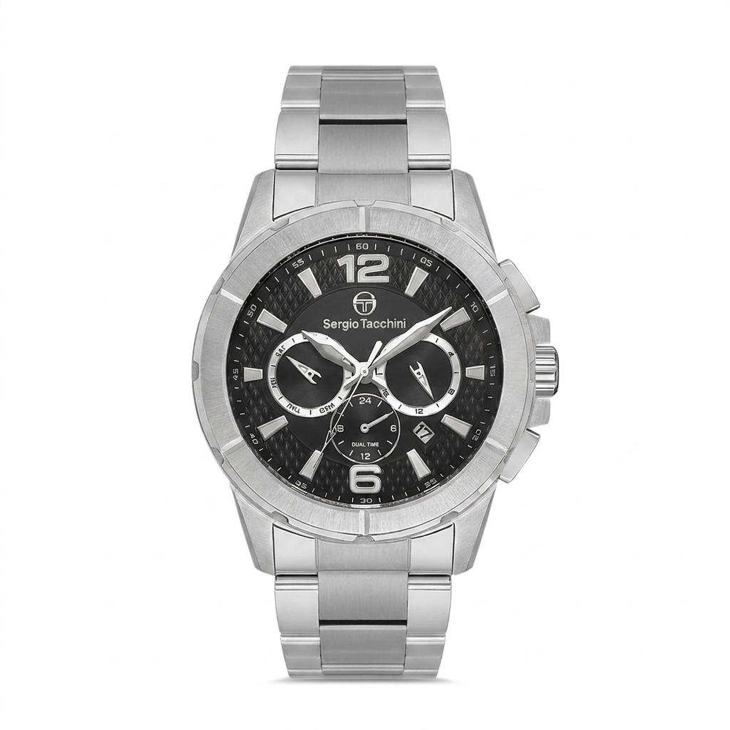 Sergio Tacchini Men's Multi-Function Watch – Black Dial & Silver Stainless Steel Bracelet