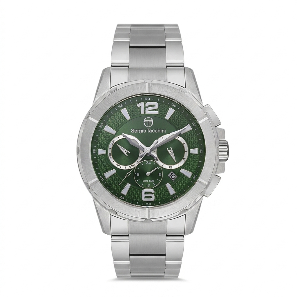 Sergio Tacchini Men's Chronograph Watch – Green Dial & Silver Stainless Steel Bracelet