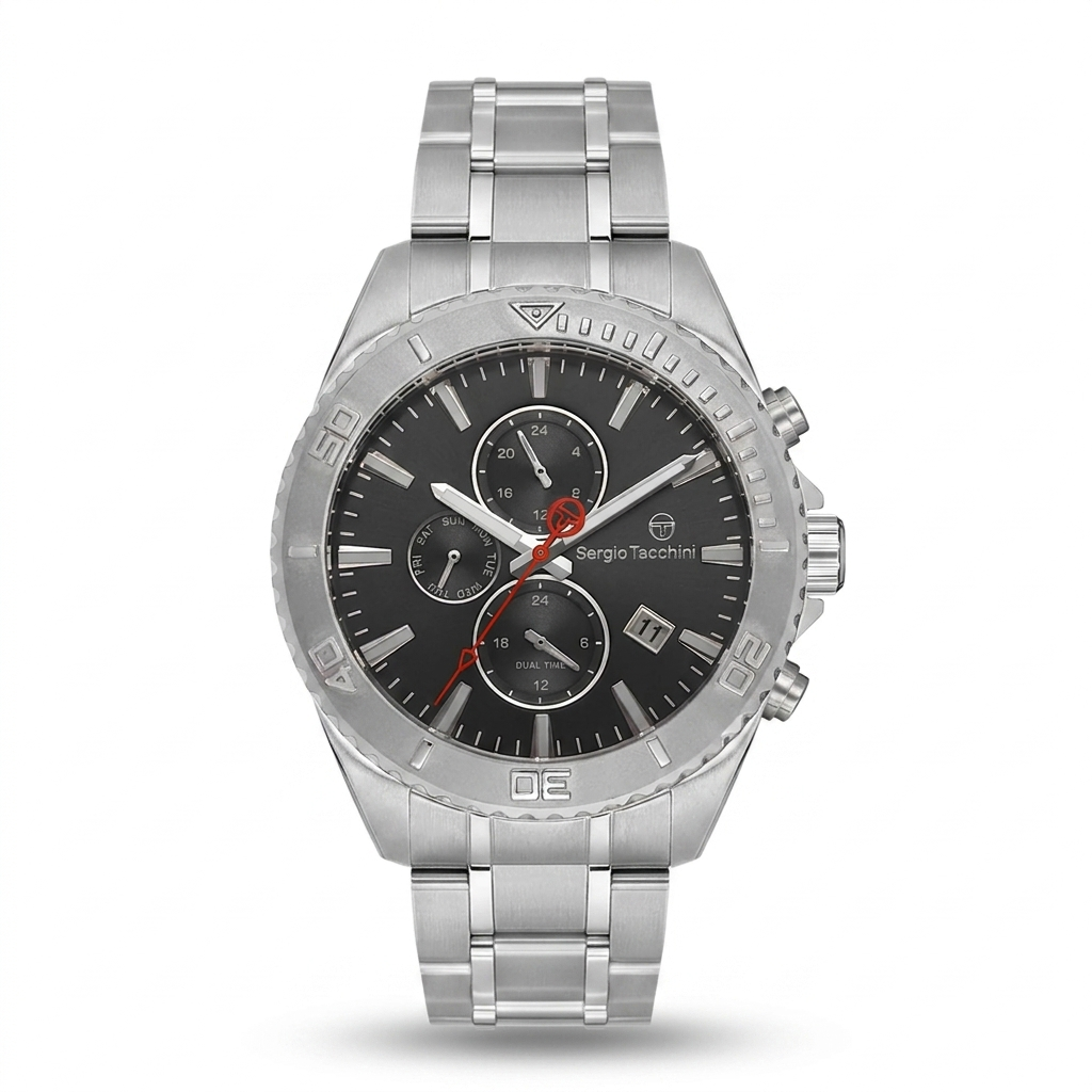 Sergio Tacchini Men's Chronograph Watch – Black Dial & Silver Stainless Steel Bracelet
