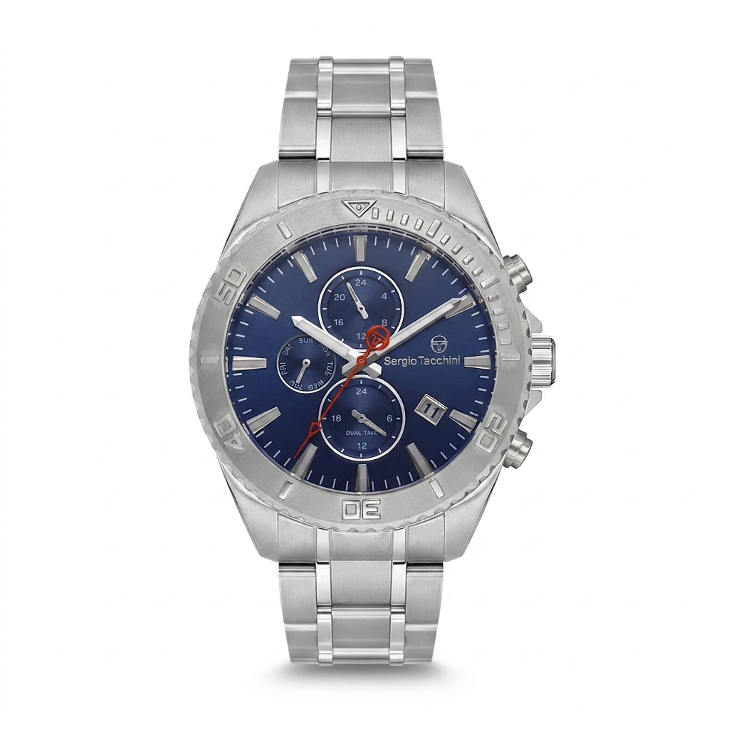 Sergio Tacchini Men's Chronograph Watch – Blue Dial & Silver Stainless Steel Bracelet