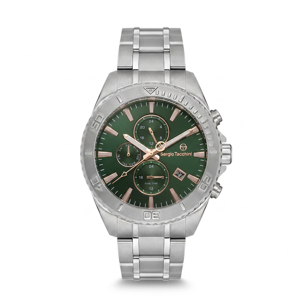 Sergio Tacchini Men's Chronograph Watch – Green Dial & Silver Stainless Steel Bracelet