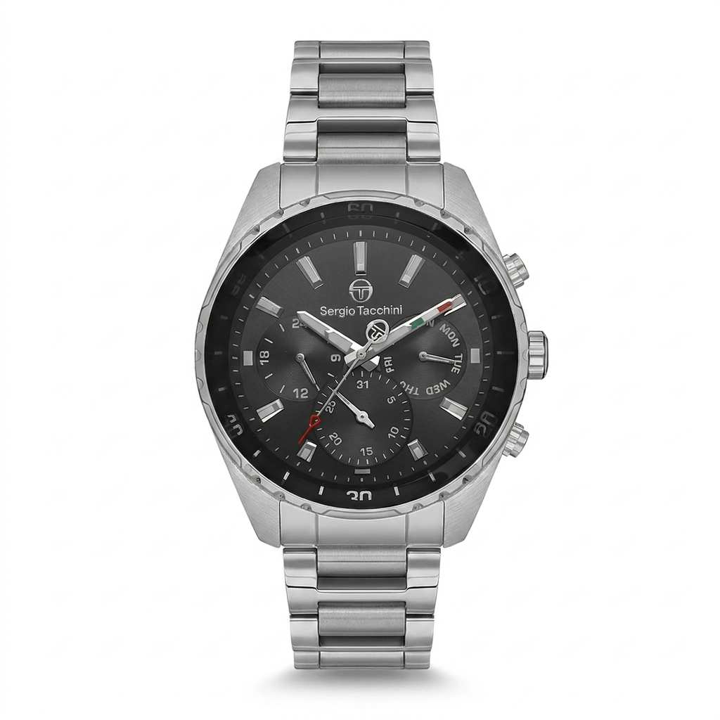 Sergio Tacchini Men's Chronograph Watch – Black Dial & Silver Stainless Steel Bracelet