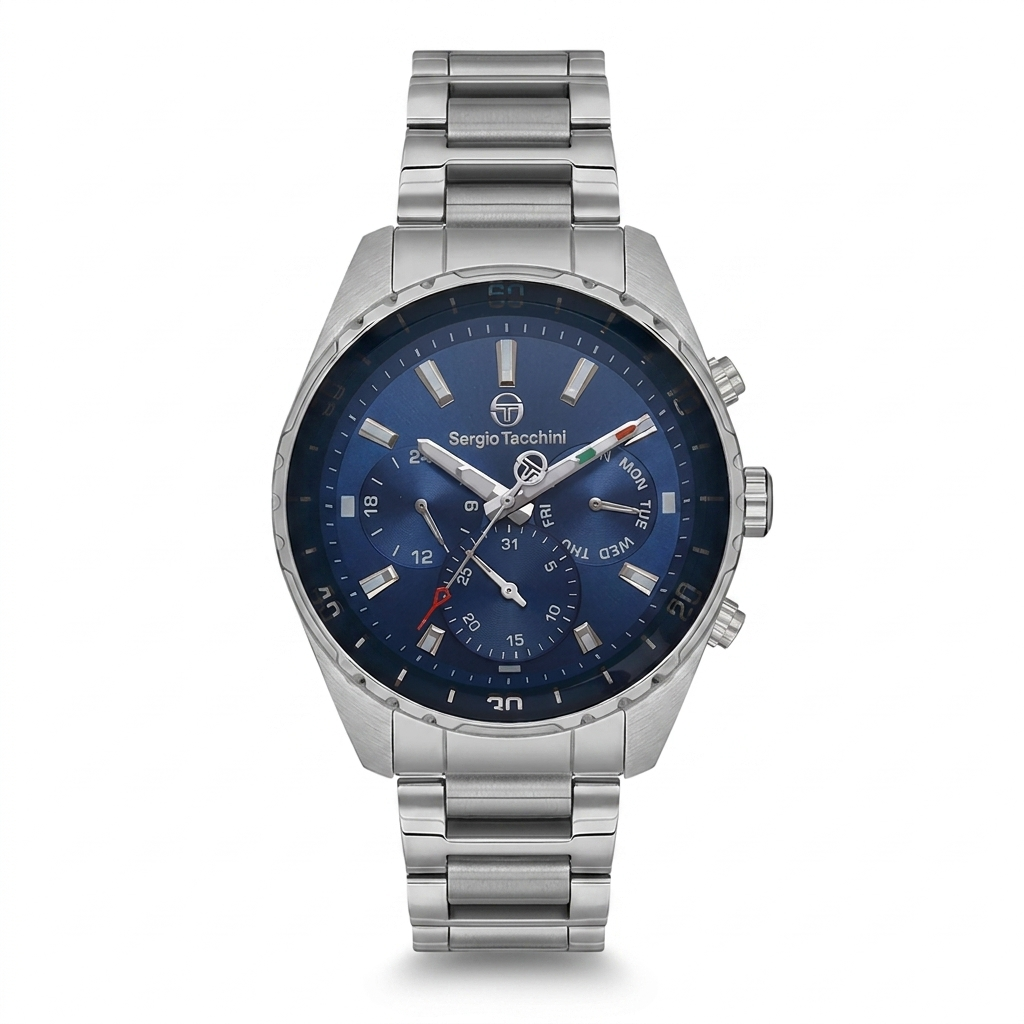 Sergio Tacchini Men's Chronograph Watch – Blue Dial & Silver Stainless Steel Bracelet