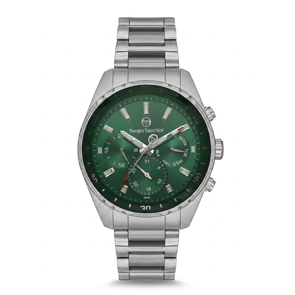 Sergio Tacchini Men's Chronograph Watch – Green Dial & Silver Stainless Steel Bracelet