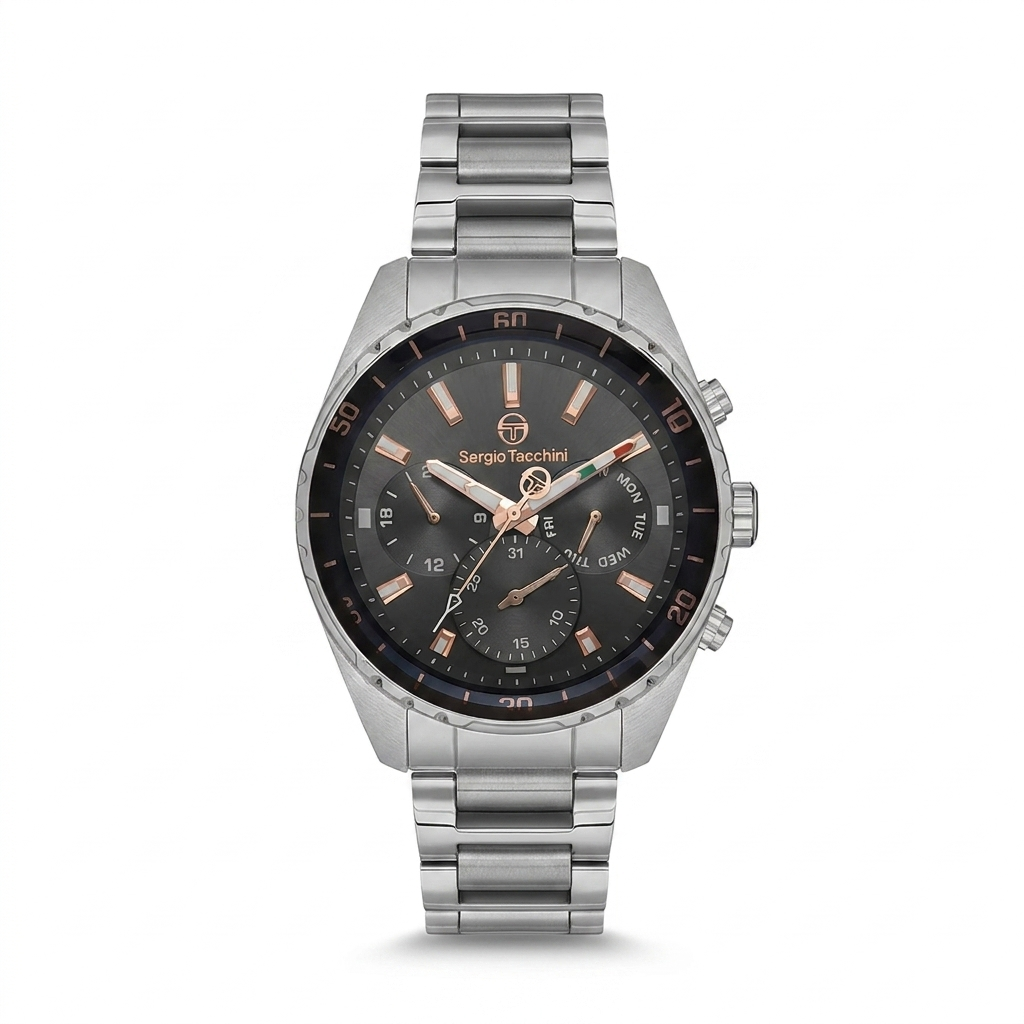 Sergio Tacchini Men's Chronograph Watch – Dark Grey Dial & Silver Stainless Steel Bracelet