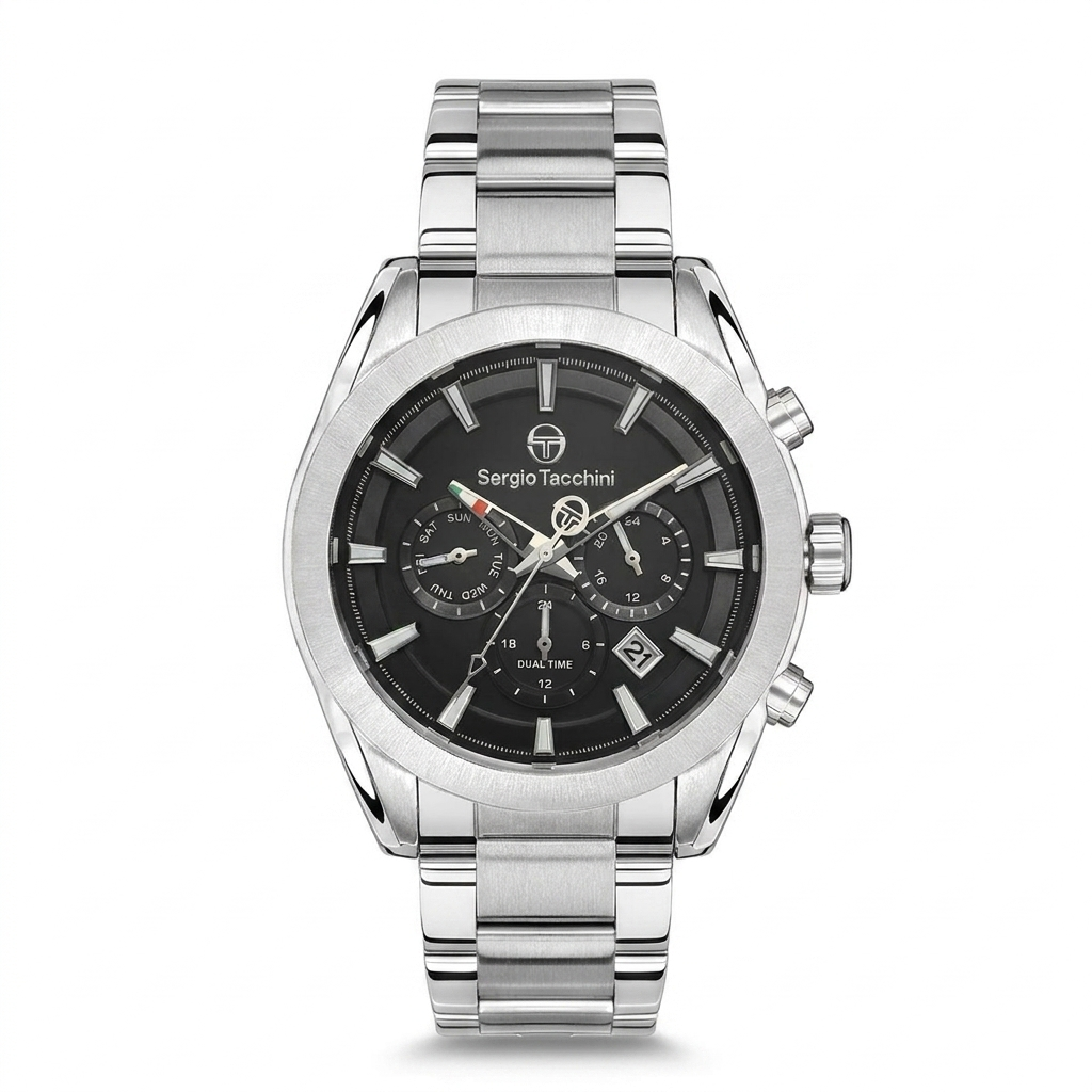 Sergio Tacchini Men's Chronograph Watch – Black Dial & Silver Stainless Steel Bracelet