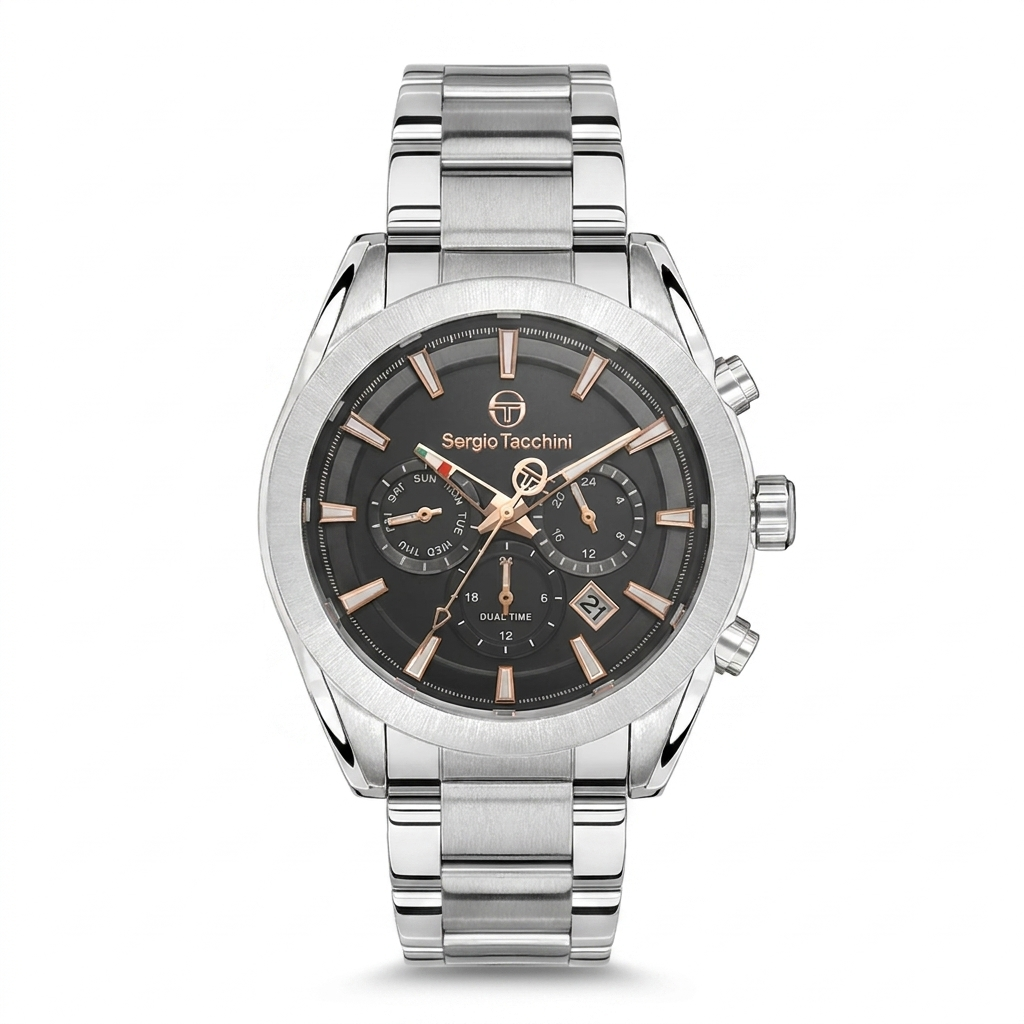 Sergio Tacchini Men's Chronograph Watch – Dark Grey Dial & Silver Stainless Steel Bracelet