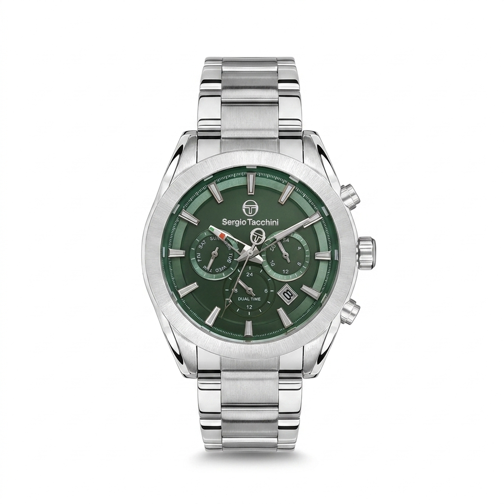 Sergio Tacchini Men's Chronograph Watch – Green Dial & Silver Stainless Steel Bracelet