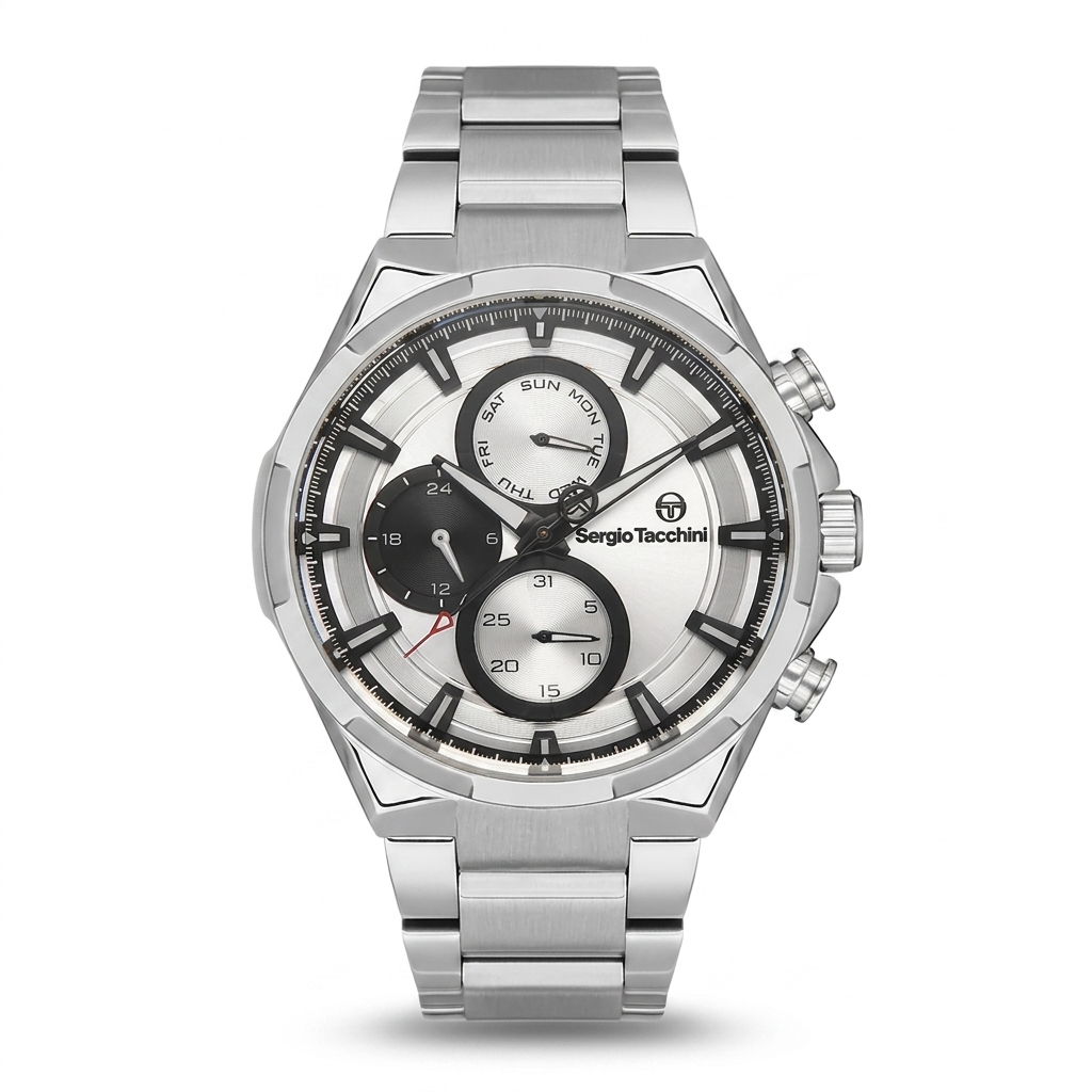 Sergio Tacchini Men's Chronograph Watch – Silver Dial & Silver Stainless Steel Bracelet