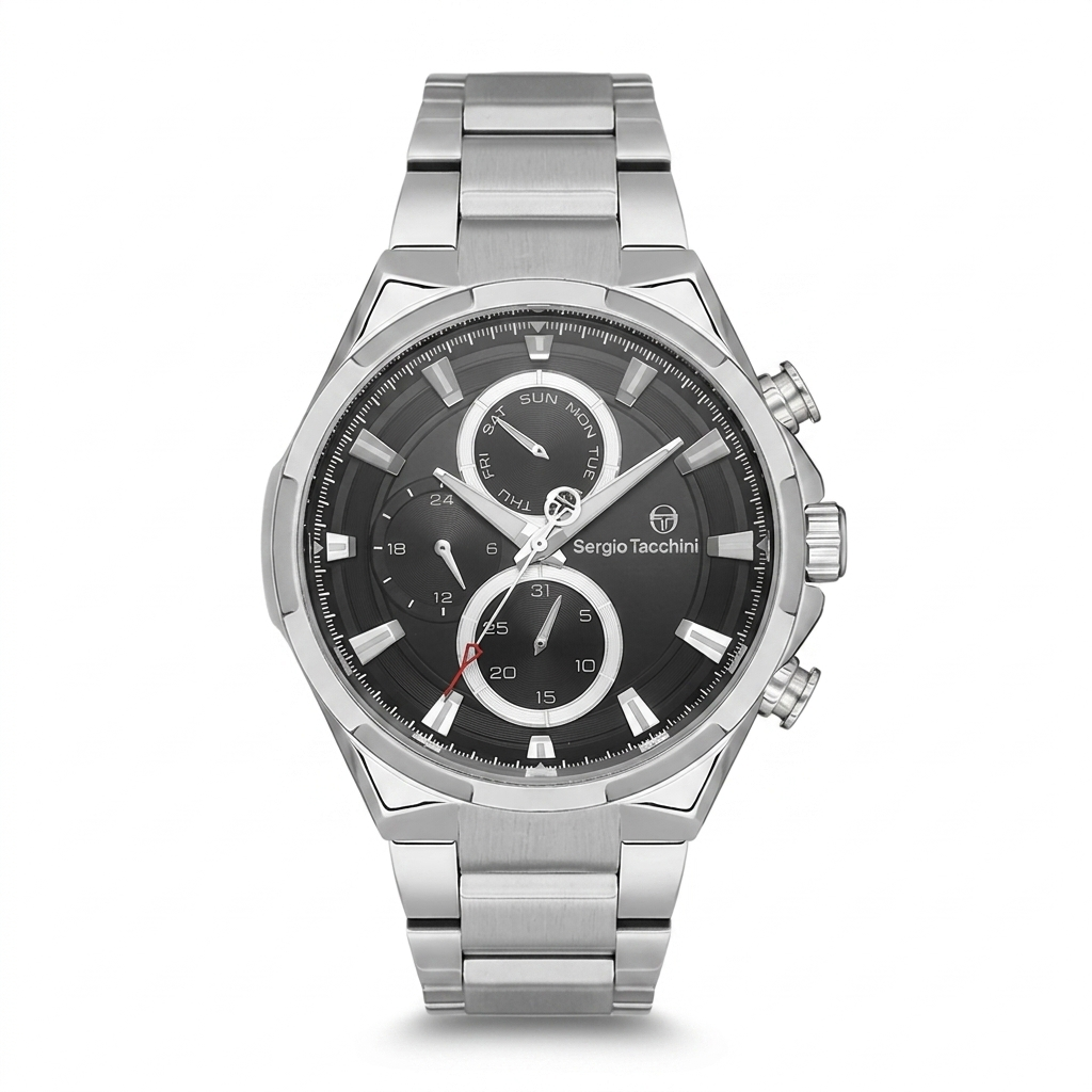 Sergio Tacchini Men's Chronograph Watch – Black Dial & Silver Stainless Steel Bracelet