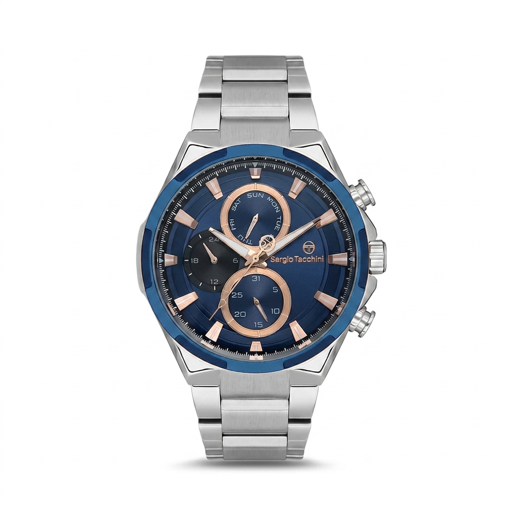 Sergio Tacchini Men's Chronograph Watch – Blue Dial & Silver Stainless Steel Bracelet