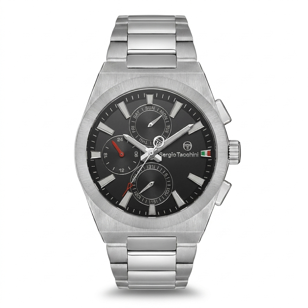 Sergio Tacchini Men's Chronograph Watch – Black Dial & Silver Stainless Steel Bracelet