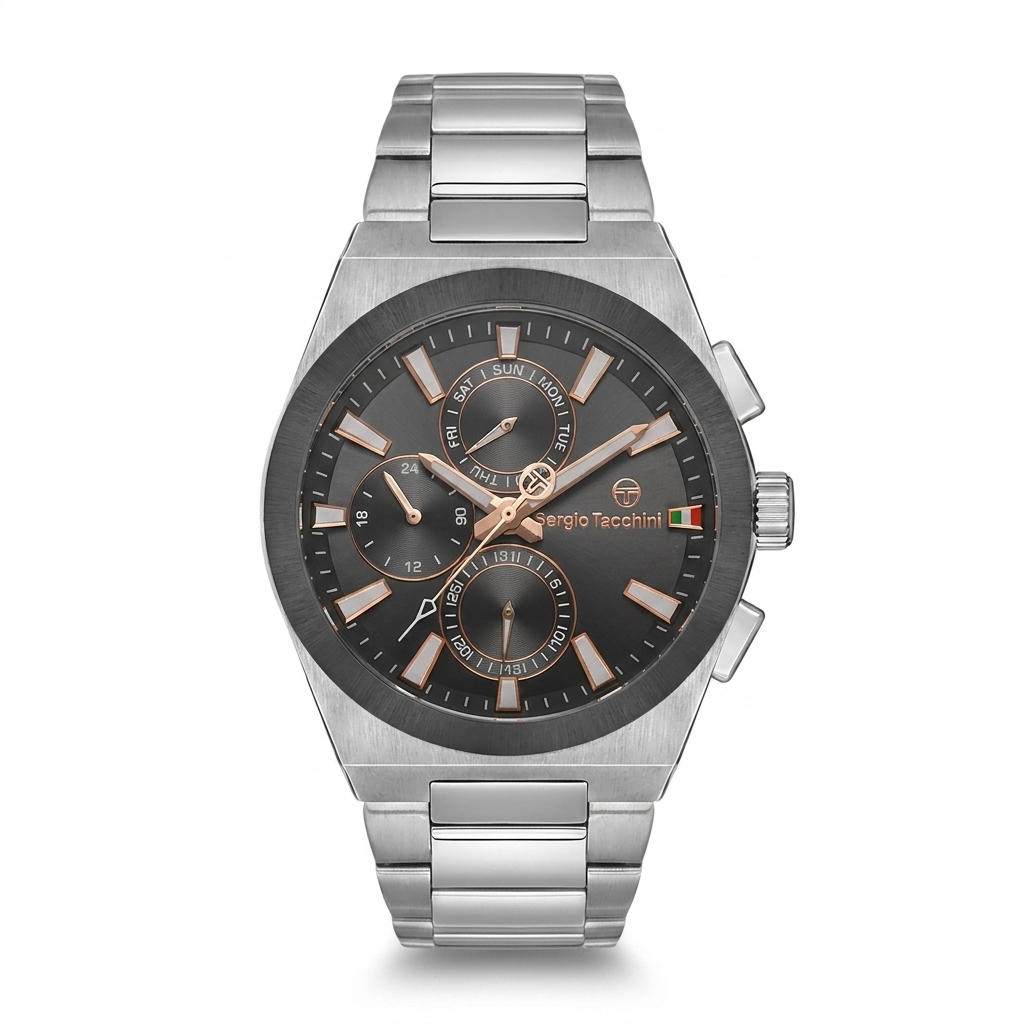 Sergio Tacchini Men's Chronograph Watch – Grey Dial & Silver Stainless Steel Bracelet