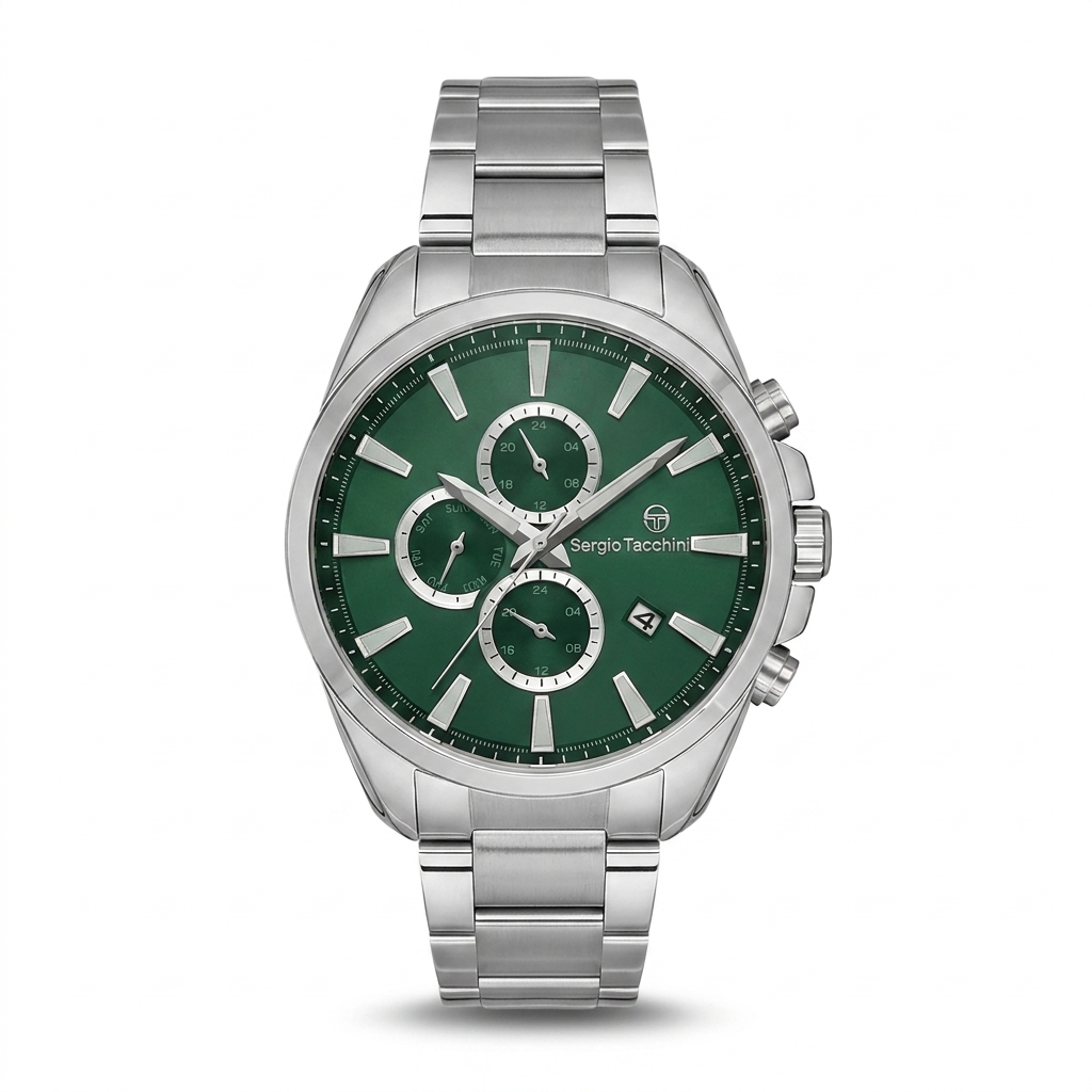 Sergio Tacchini Men's Chronograph Watch – Green Dial & Silver Stainless Steel Bracelet