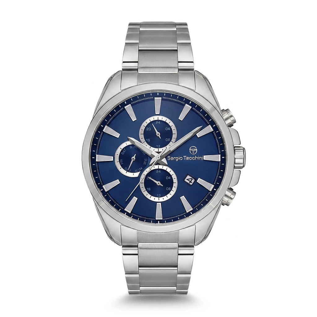 Sergio Tacchini Men's Chronograph Watch – Blue Dial & Silver Stainless Steel Bracelet