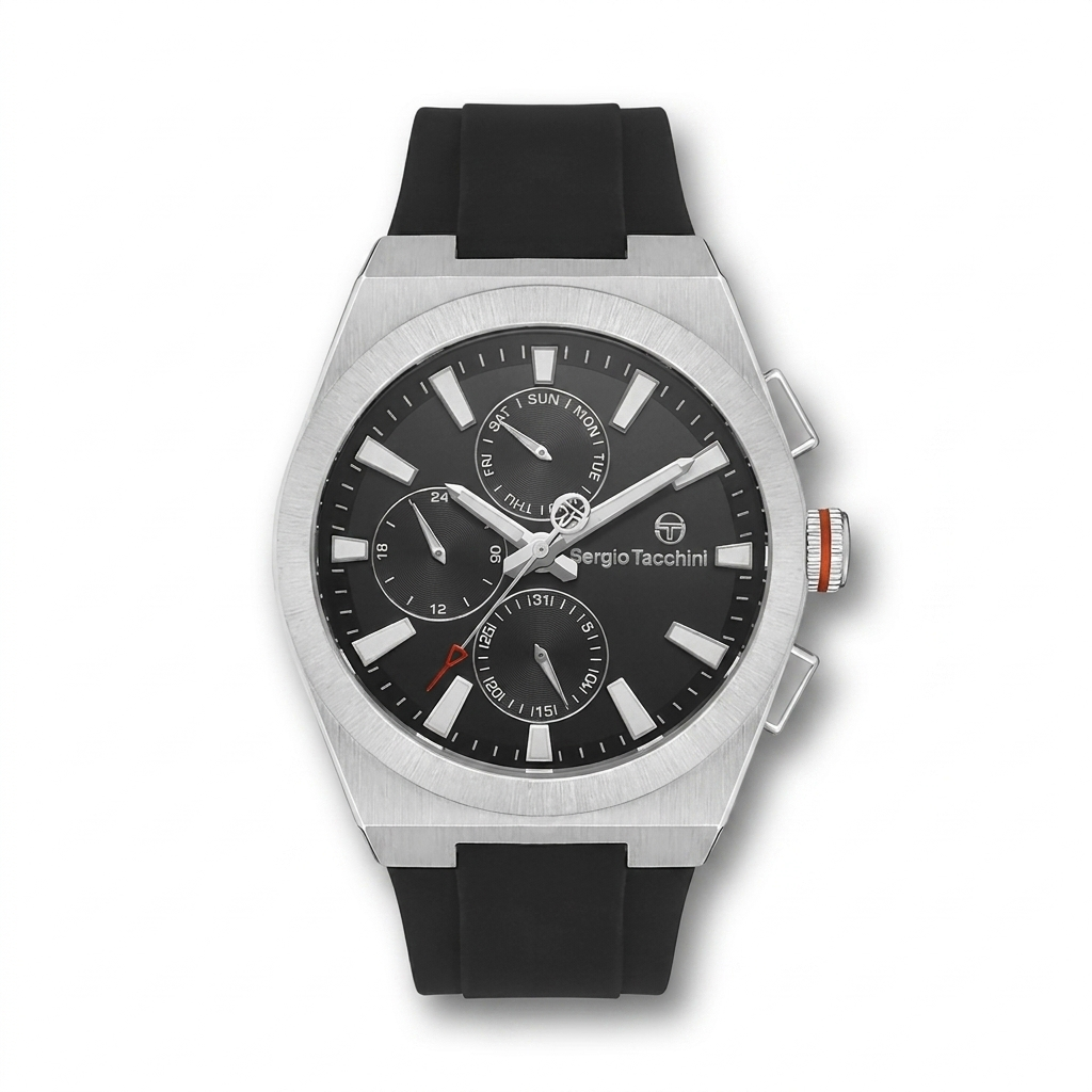 Sergio Tacchini Men's Chronograph Watch – Black Dial & Black Silicone Strap