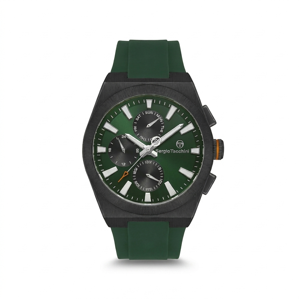 Sergio Tacchini Men's Chronograph Watch – Green Dial & Green Silicone Strap