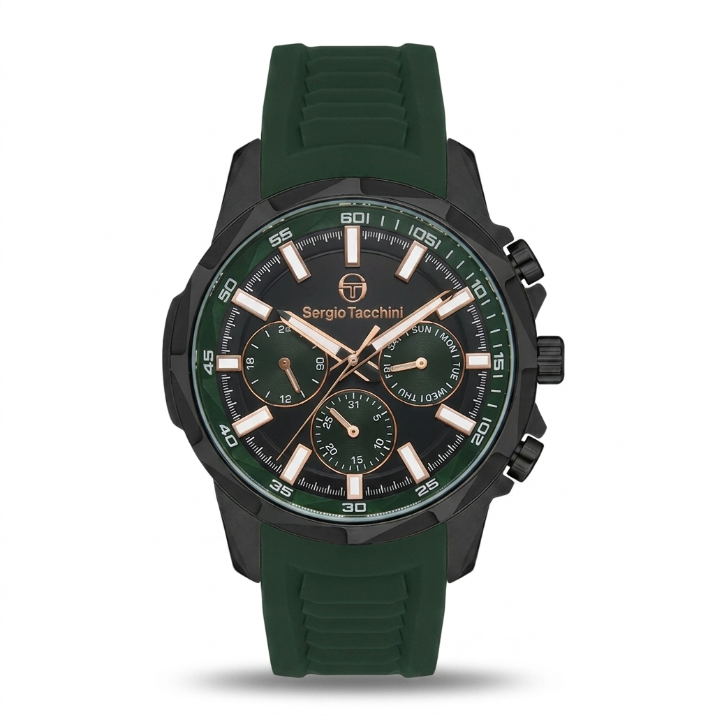 Sergio Tacchini Men's Chronograph Watch – Black Dial & Green Silicone Strap